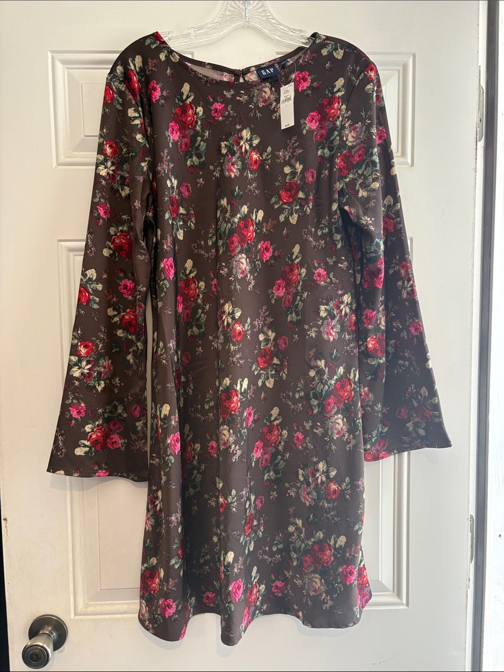 GAP Brown Floral Shift Dress with Pink and Red Roses